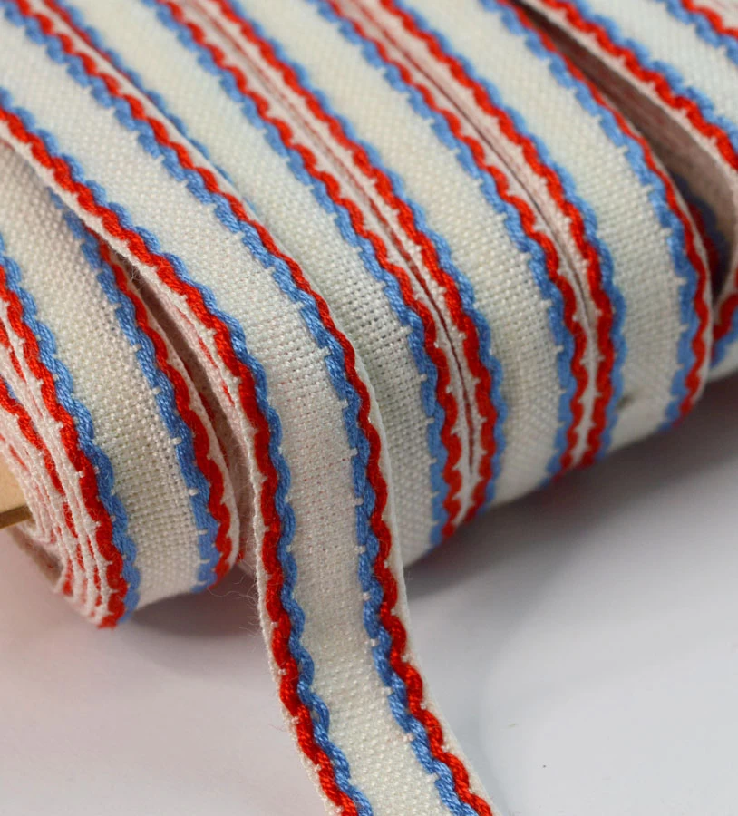15mm Stitched Edge Braid Cotton Tape - White, Blue & Red (50m Roll) 3 15mm Stitched Edge Braid Cotton Tape - White, Blue & Red (50m Roll)