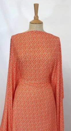Challis - Flame Red Leaf -Croft Mill challis flame red leaf viscose printed lightweight dress fabric orange dress
