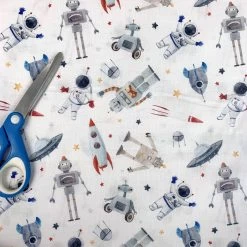 CJ - Space Robots -Croft Mill cj space robots white space robots cotton dress fabric scale