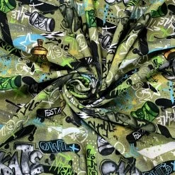 Graffiti Jersey - Olive -Croft Mill graffiti green dititally printed jersey cotton elastane fabric cud