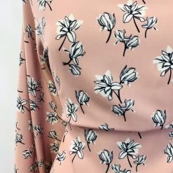 Sabrina 9 Sabrina -Croft Mill jk sabrina white black floral polyester crepe peach dress fabric close up maneqiun dress fabric photo