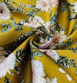 Passion - Ochre -Croft Mill passion ochre floral yellow dress cotton satin trousering fabric close upfabric photo gallery