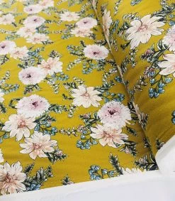 Passion - Ochre -Croft Mill passion ochre floral yellow dress cotton satin trousering fabric roll fabric photo gallery