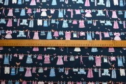 Combed Cotton - Washing Day -Croft Mill washing day dark navy blue fabric with a blue and pink washing line pattern s